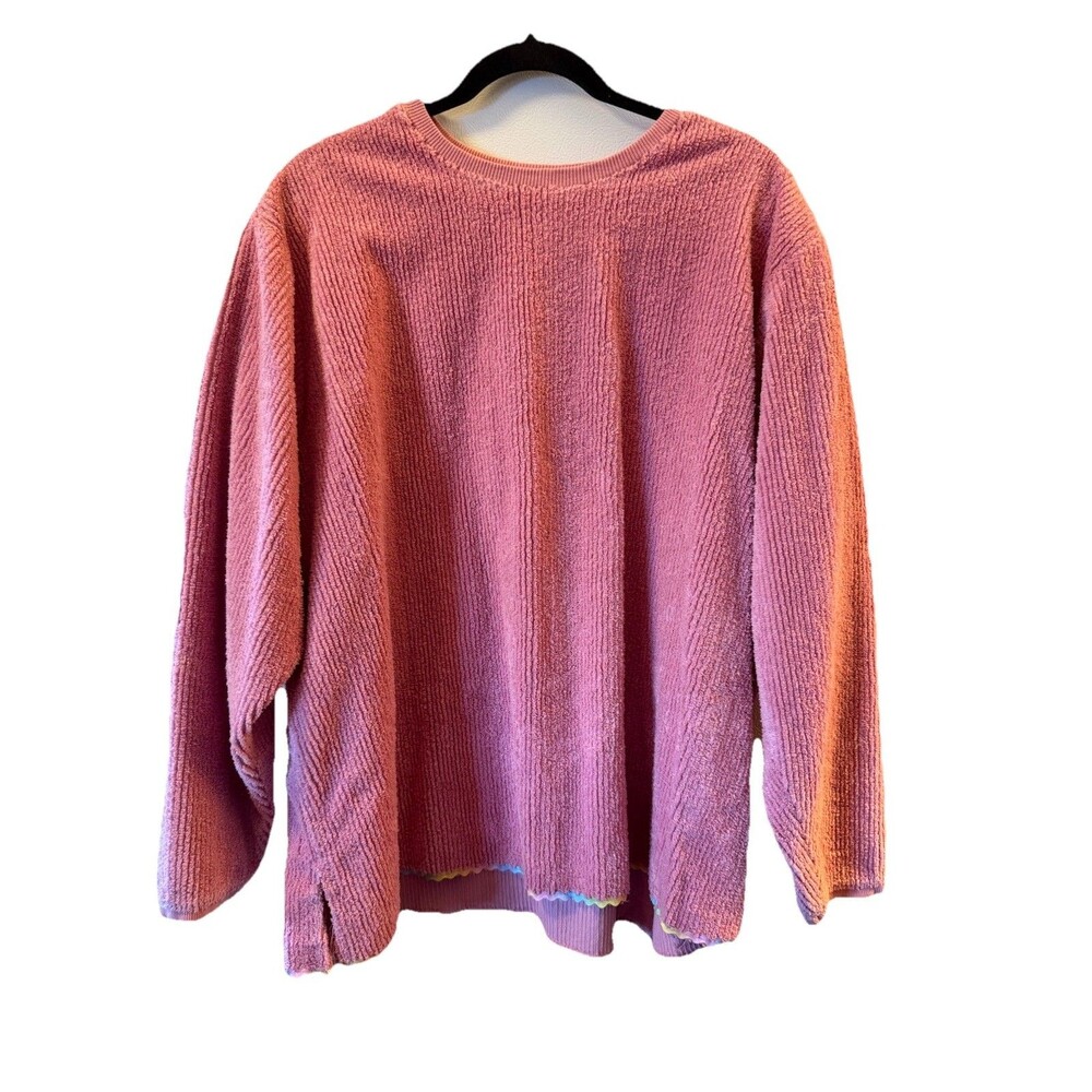 VINTAGE PINK CHENILLE OVERSIZED PULLOVER TOP NO TAG RAINBOW RIC RAC TRIM UNISEX